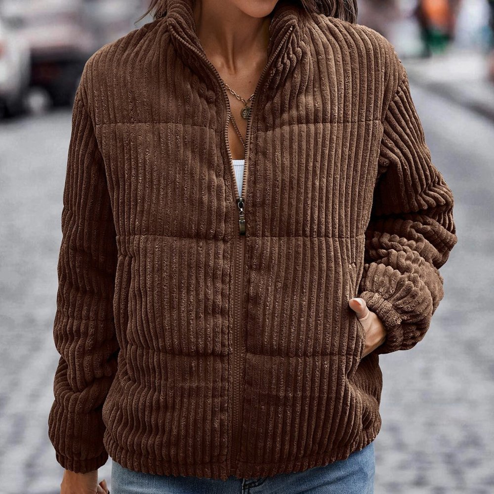 Coffee Brown Womens Corduroy Puffer Coat - Picture 3 of 4